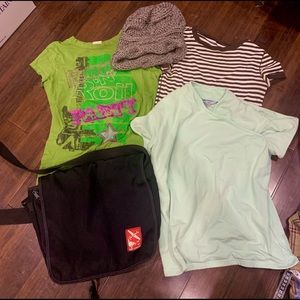 Bundle of 5 items. 3 x women’s shirts, 1 x bag, 1 x hat
